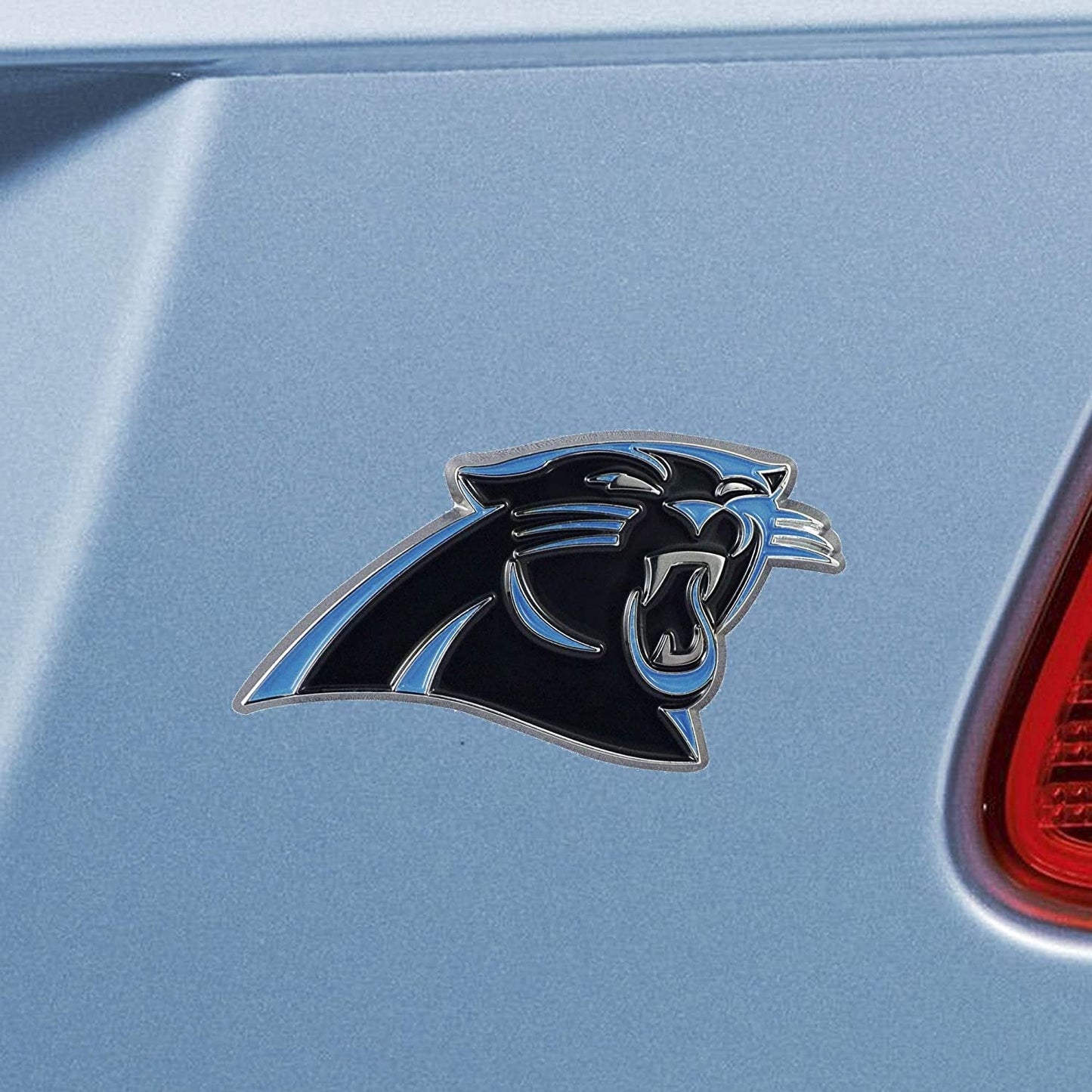 Carolina Panthers Premium Solid Metal Raised Auto Emblem, Team Color, Shape Cut, Adhesive Backing