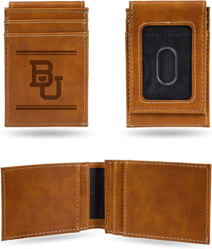 Rico Industries NCAA Baylor Bears Men’s Front ID Pocket Brown Wallet- Premium 8 Pocket Laser-Engraved Team Logo on Vegan Leather- Minimalist Design, Credit Card Holder- Ideal for Travel or Men’s Gift