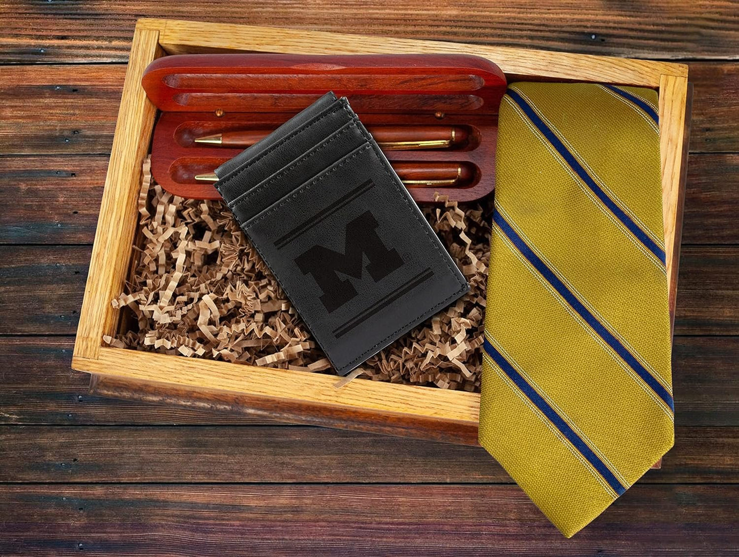 University of Michigan Wolverines Premium Black Leather Wallet, Front Pocket Magnetic Money Clip, Laser Engraved, Vegan